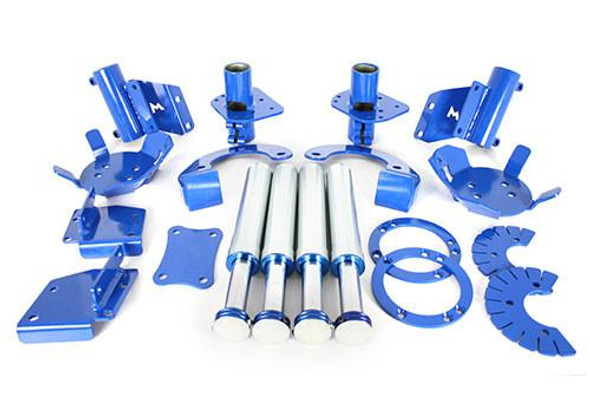 Terrafirma Defender/Discovery 1 Hydraulic Bump Stop And Mounting Kit, blue metallic metal components including bump stops, brackets, and mounting hardware arranged on a white background.