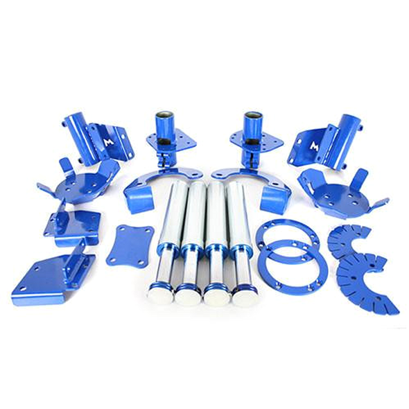 Terrafirma Defender/Discovery 1 Hydraulic Bump Stop And Mounting Kit, blue metallic metal components including bump stops, brackets, and mounting hardware arranged on a white background. Terrafirma Defender/Discovery 1 Hydraulic Bump Stop And Mounting Kit, blue metallic metal components including bump stops, brackets, and mounting hardware arranged on a white background.