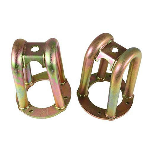 Terrafirma Defender/Discovery 1 Tubular Lowered Front Shock Turrets, metal shock mounting brackets with a polished finish designed for off-road vehicle suspension upgrades.