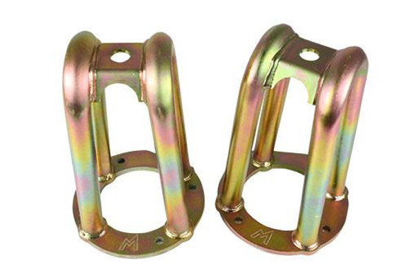 Terrafirma Defender/Discovery 1 Front Tubular Shock Mount, metallic shock mounting brackets with colourful iridescent finish for off-road vehicle suspension.