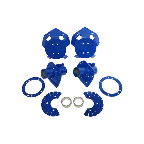 Terrafirma Defender/Discovery 1 Hydraulic Bump Stop Rear Mounting Kit, blue hydraulic bump stops with mounting brackets and hardware.