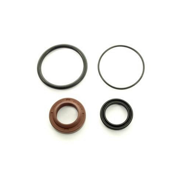 Terrafirma Mega Sport Shock Absorber Seal Kit, image showing four distinct seals, including a large black rubber seal, a metal ring, a tan-coloured seal, and a smaller black seal.