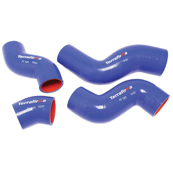 Terrafirma Blue Silicone Intercooler Hose Kit for Discovery 2 Td5, image of four blue silicone hoses with red interior, branded with Terrafirma, designed for engine cooling system enhancement.