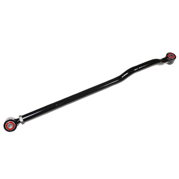 Terrafirma TF253 Adjustable Panhard Rod for Defender, Discovery 1, and Range Rover Classic, black adjustable metal suspension component with red bushings at both ends.