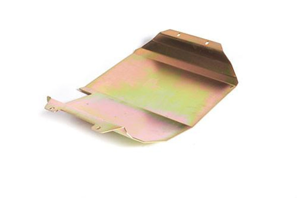 Terrafirma Steel Fuel Tank Guard for Discovery 2, a metallic protective plate with a pinkish-green hue designed to shield the fuel tank.