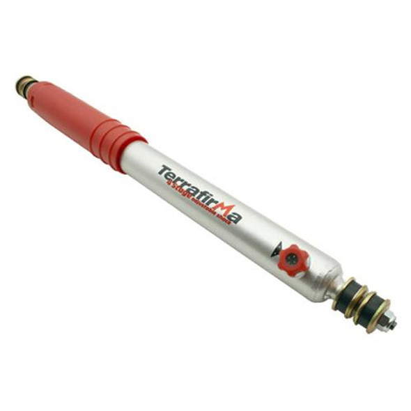 Terrafirma TF169 4 Stage Adjustable Shock Absorber for Defender Discovery 1, a silver and red suspension component with adjustable knob and branding.