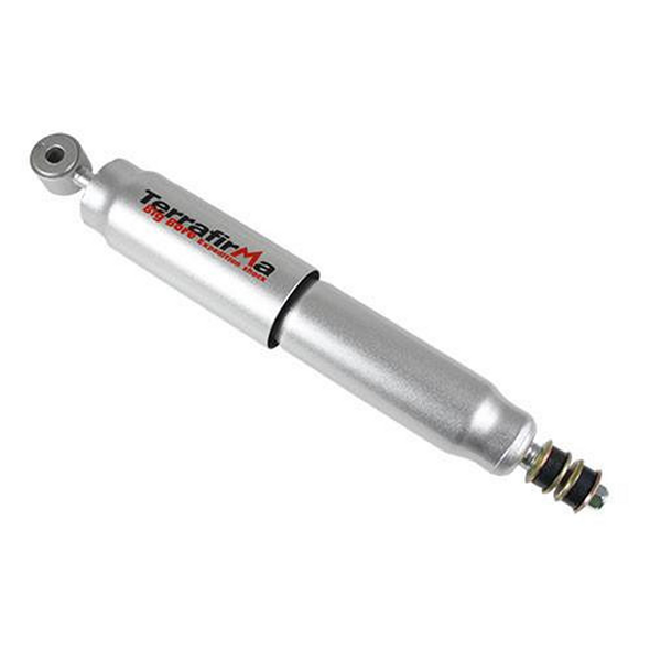 Terrafirma Big Bore Expedition Shock Absorber Rear for Defender & Discovery 1, silver shock absorber with brand logo and mounting eye at top.
