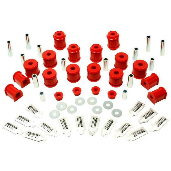 Terrafirma Polyurethane Bush Kit for Discovery 2, red bushings, metal sleeves, washers, and lubricant packets for vehicle suspension upgrade.