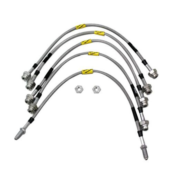 GOODRIDGE Terrafirma TF647GD 5-Line 2-inch Extended Stainless Steel Brake Hose Kit for Discovery 1, image showing five stainless steel brake hoses with fittings and two nuts.