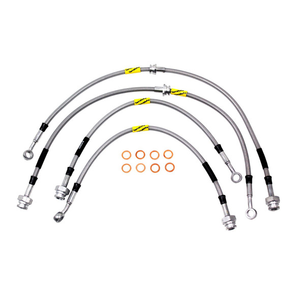 GOODRIDGE Terrafirma TF650GD 4-Line 2 inch Extended Stainless Steel Brake Hose Kit for Discovery 2, image of four stainless steel brake hoses with fittings and copper washers.