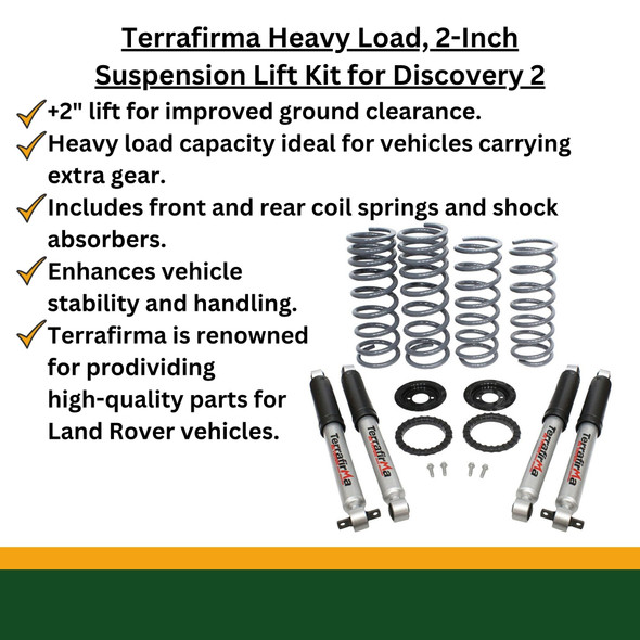 Terrafirma Heavy Load, 2-Inch Suspension Lift Kit for Discovery 2 | TF228, including coil springs, shock absorbers, and mounting hardware for vehicle suspension enhancement.