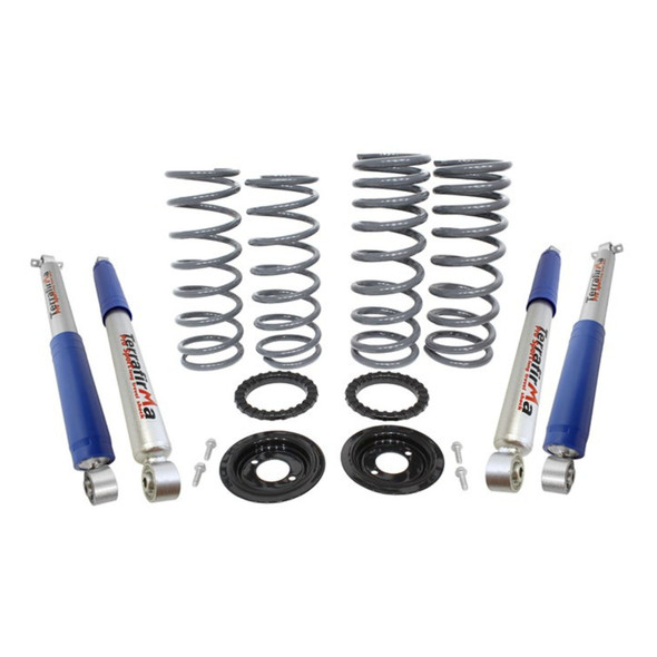 Terrafirma Medium Load, 2-Inch Suspension Lift Kit with Pro Sport Shock Absorbers for Discovery 2 | TF229, image showing coil springs, shock absorbers, rubber spacers, and mounting hardware for vehicle suspension upgrade.