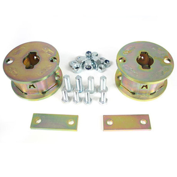 Terrafirma Rear Air Spring Spacer Kit for Discovery 2, automotive suspension components with spacers, bolts, nuts, and metal plates for vehicle lift and height adjustment.