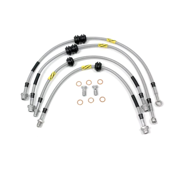 GOODRIDGE Terrafirma TF659GD Standard Length Stainless Steel Brake Hose Kit for Range Rover Evoque, image showing four stainless steel brake hoses with connectors and rubber seals.