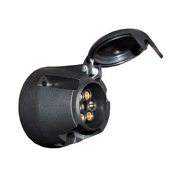 Britpart Universal 12N 7-Pin Trailer Lighting Electrics Socket, black 7-pin trailer socket with protective cover for vehicle trailer wiring connections.