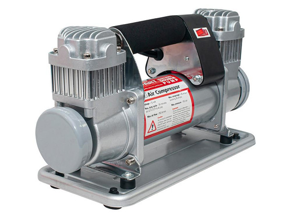 BRITPARTXS Portable 12 V Double-Pump Air Compressor for 4×4 Use | DA2392XS, compact silver air compressor with dual pumps and a black handle on top.