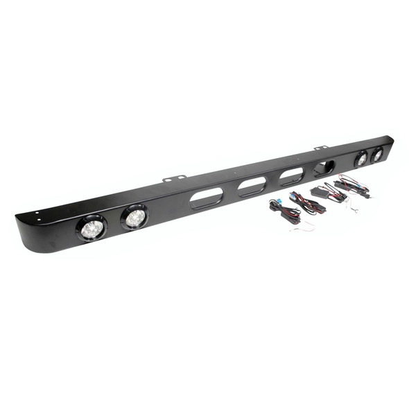 Terrafirma Skeleton LED Front Bumper, black metal bumper with built-in LED lights and wiring harness for Land Rover Defender.