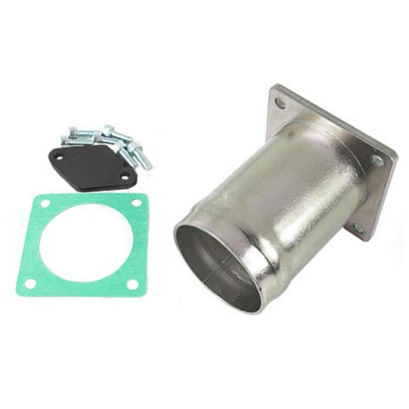 Terrafirma Defender/Discovery 2 Td5 EGR Valve Removal Kit, image of the metal EGR valve removal component, gasket, black mounting plate, and screws.
