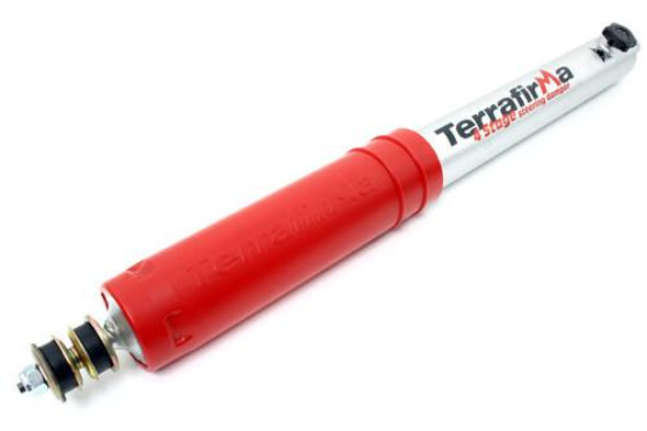 Terrafirma 4-Stage Adjustable Steering Damper for Defender, close-up of the shock absorber highlighting its red and white design with branding and adjustment knob.