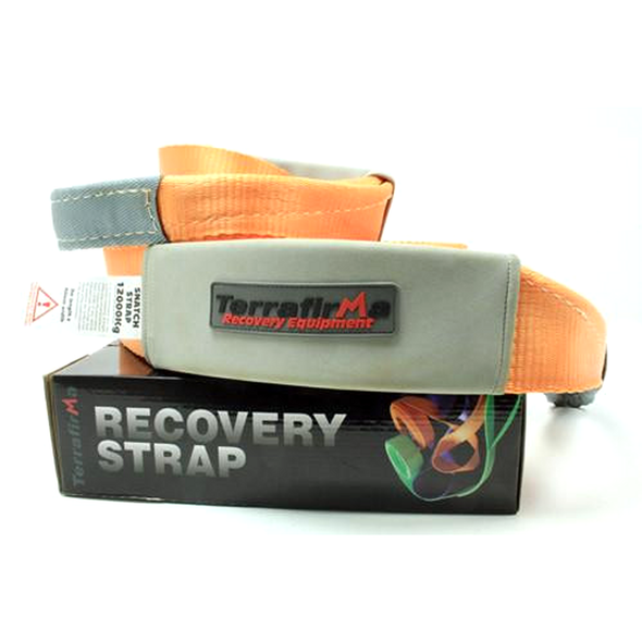 Terrafirma Heavy-Duty 4x4 Recovery Snatch Strap 9m 11000Kg, front view of the recovery strap with reinforced eye loops and branding, placed on its packaging box.