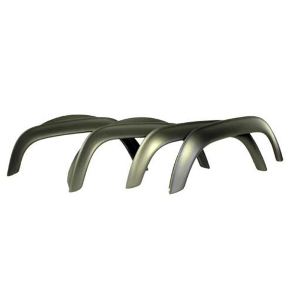 Terrafirma Standard Matt Black Wheel Arch Set for Defender 90/110, image of four black and grey wheel arch panels designed for vehicle customization and protection.