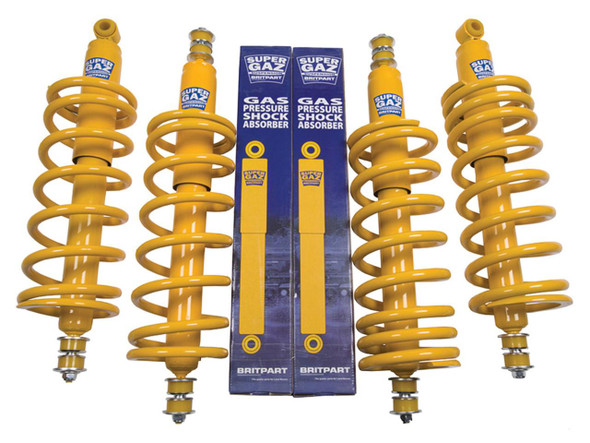 Britpart Super Gaz Suspension Kit Medium Load Plus 40mm for Defender 90, yellow gas pressure shock absorbers and coil springs.