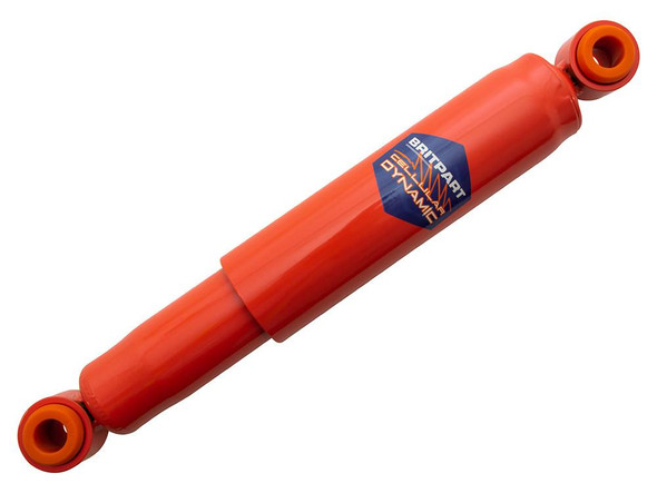 Britpart CELLULAR DYNAMIC Rear Shock Absorber Long Travel for Series 2, 2A, 3 SWB, orange heavy-duty vehicle shock absorber with mounting eyes on both ends. Britpart CELLULAR DYNAMIC Rear Shock Absorber Long Travel for Series 2, 2A, 3 SWB, orange heavy-duty vehicle shock absorber with mounting eyes on both ends.
