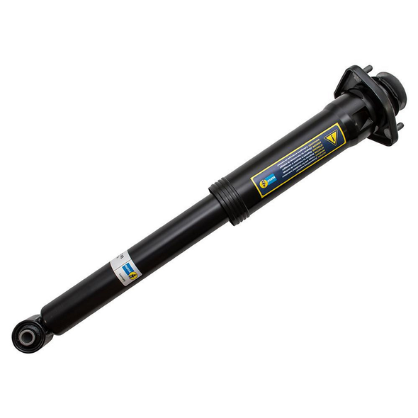 BILSTEIN Rear Shock Absorber Bilstein for Range Rover L322, black cylindrical automotive shock absorber with mounting points on each end and yellow and blue branding labels.
