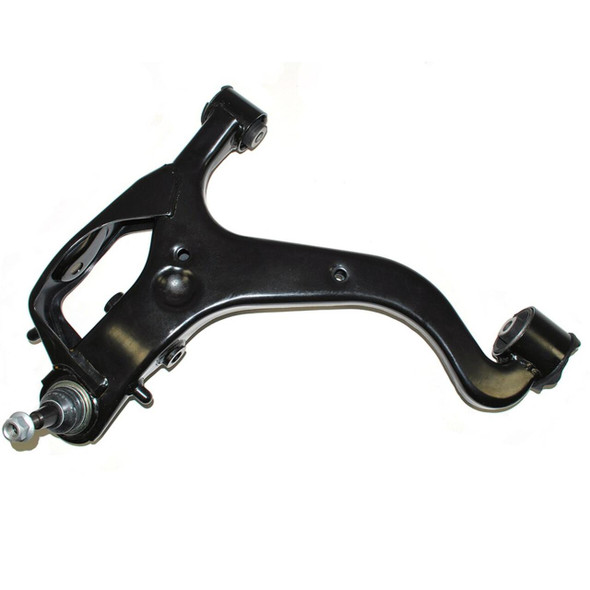 BRITPARTXS Front Right Lower Suspension Arm OE Quality for Discovery 4, black metal suspension component with mounting points and bushings.