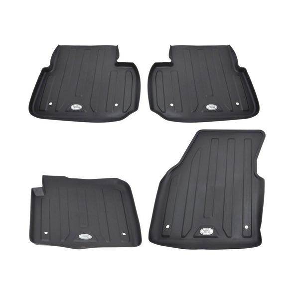 Genuine Land Rover Front & Rear Rubber Floor Mat Set Black Right Hand Drive for Discovery Sport, front and rear black rubber floor mats with Land Rover logo.