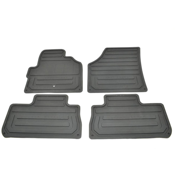 Genuine Land Rover Front & Rear Rubber Floor Mat Set Black Right Hand Drive for Freelander 2, image showing four black rubber floor mats designed for the front and rear of the vehicle.