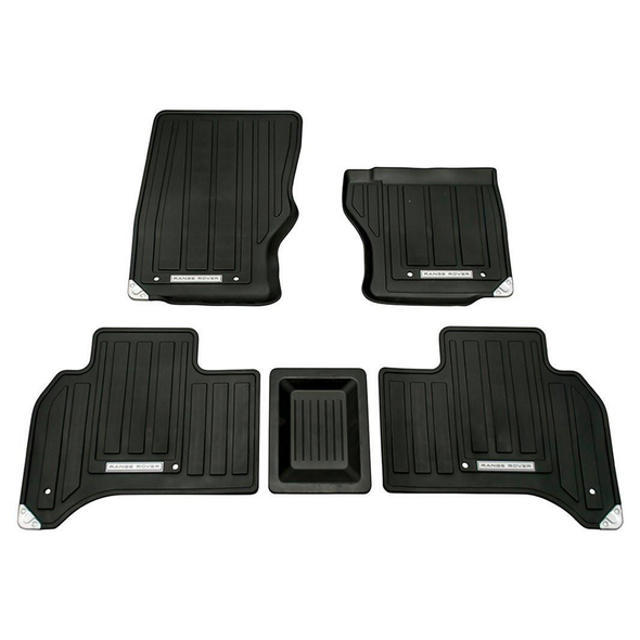 Genuine Land Rover Front & Rear Rubber Floor Mat Set Black Right Hand Drive for Range Rover L405, featuring four durable black rubber mats with the Range Rover logo, designed to protect vehicle interior from dirt and water.