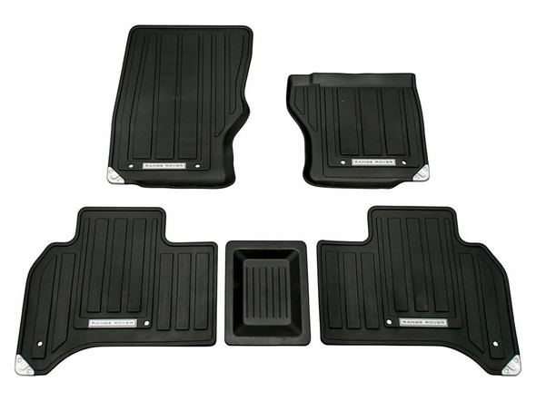 Genuine Land Rover Front & Rear Rubber Floor Mat Set Black Right Hand Drive for Range Rover L405, featuring four durable black rubber mats with the Range Rover logo, designed to protect vehicle interior from dirt and water.
