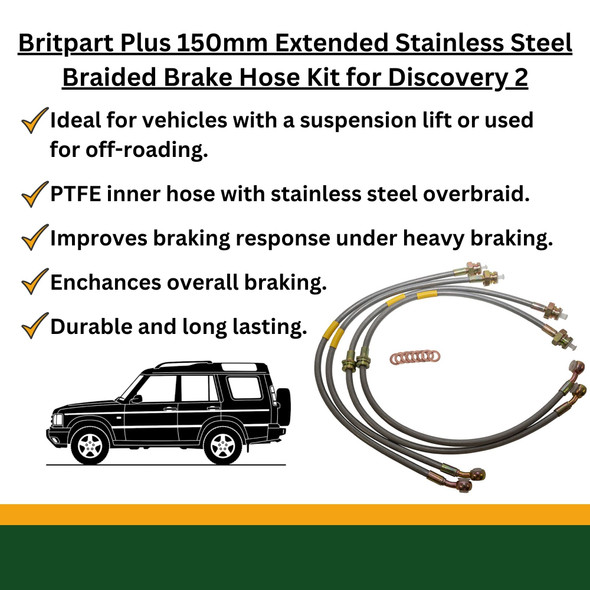 Britpart DA2414150S Plus 150mm Extended Stainless Steel Braided Brake Hose Kit for Discovery 2, set of stainless steel braided brake hoses with fittings and copper washers for vehicle brake system repair.