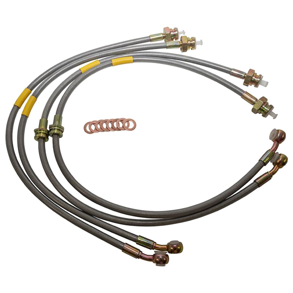 Britpart DA2414150S Plus 150mm Extended Stainless Steel Braided Brake Hose Kit for Discovery 2, set of stainless steel braided brake hoses with fittings and copper washers for vehicle brake system repair.