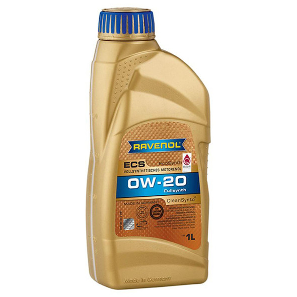 Ravenol 0w-20 1L FO Fully Synthetic Engine Oil, beige plastic bottle with blue cap and label, designed for car engine lubrication.