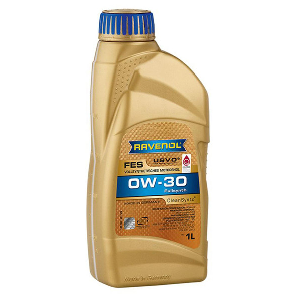 Ravenol 0W-30 1L USVO FES Fully Synthetic Engine Oil, a beige plastic bottle with blue cap and label detailing product specifications for high-performance engine lubrication.
