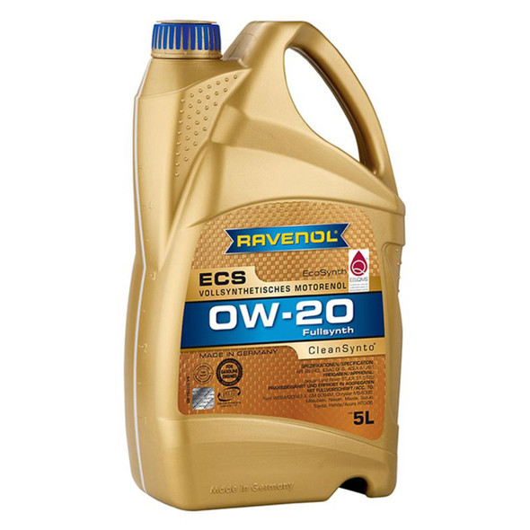Ravenol 0W-20 5L Fully Synthetic Engine Oil - DA1813, a gold-coloured plastic container with a blue cap and a label displaying product details and branding.