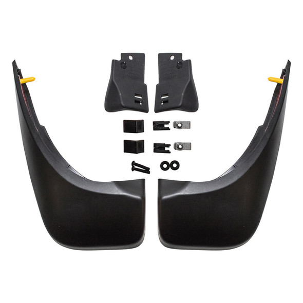 Genuine Land Rover Rear Mud Flaps for Discovery 5, black mud flaps with mounting hardware and brackets for vehicle protection. Genuine Land Rover Rear Mud Flaps for Discovery 5, black mud flaps with mounting hardware and brackets for vehicle protection.