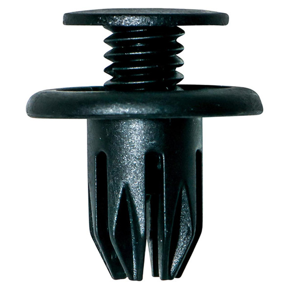 OEM Parts Scrivet Black for Grille Mounting, black plastic clip with a spring and tab design for securing vehicle grilles.