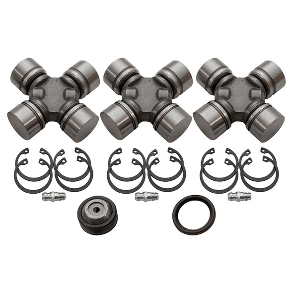 OEM Parts OEM Front Propshaft Double Cardon Joint Repair Kit for Discovery 2, includes three universal joints, retaining clips, and maintenance components for vehicle repair.