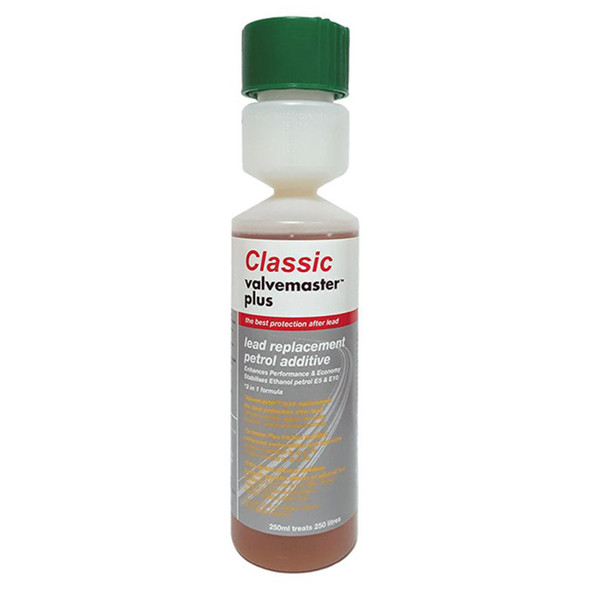 Castrol Valvemaster Plus Lead Replacement and Octane Boost Petrol Additive 250ml, a small bottle with a white body and green cap, featuring red, black, and silver text on the label.