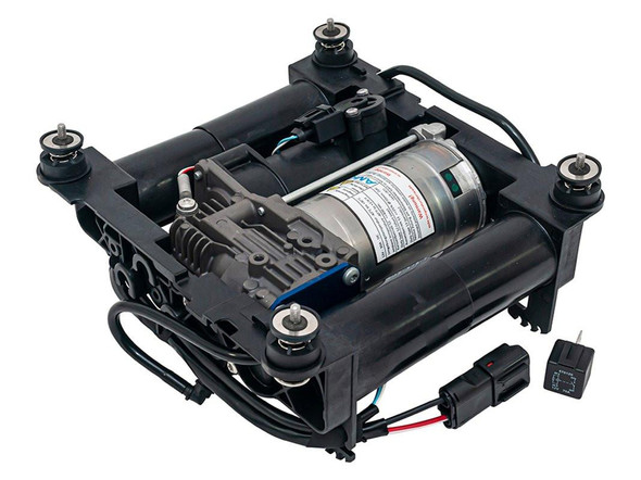 AMK Replacement Air Suspension Compressor for Range Rover L322, black compressor unit with metal cylinder and mounting components. AMK Replacement Air Suspension Compressor for Range Rover L322, black compressor unit with metal cylinder and mounting components.