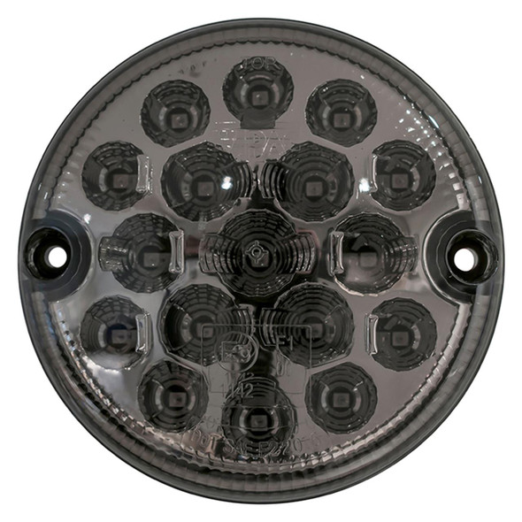 WIPAC LED Clear Smoked Rear Fog Light 95mm for Defender - LR048201, close-up view of the round vehicle rear fog light with multiple LED bulbs for enhanced visibility and safety.