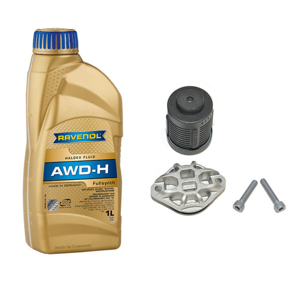 JGS 4X4 Haldex Filter & Fluid Service Kit GEN4 for Freelander 2, with a bottle of Ravenol AWD-H fluid, a Haldex filter, and other installation accessories.