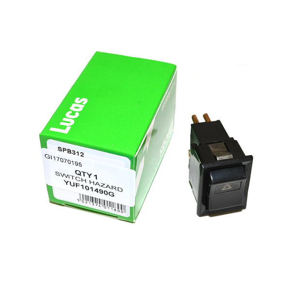 Lucas Hazard Warning Lamp Switch LUCAS for Defender 90 110, black switch with hazard light symbol, and green packaging box.