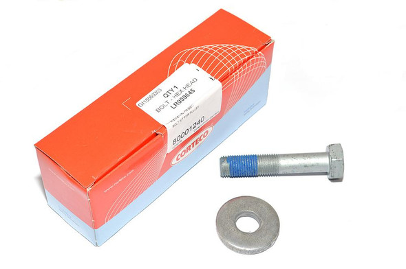 OEM Parts Engine Crankshaft Pulley Bolt for Freelander 2, Discovery Sport, Evoque 2.2L, featuring a metal bolt with blue thread locker and a washer, next to an orange and blue CORTECO box.