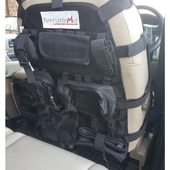 Terrafirma Tactical Seat Cover Car Tidy Storage System, organized behind car seats with multiple pouches, compartments, and attachments for storage and equipment management.