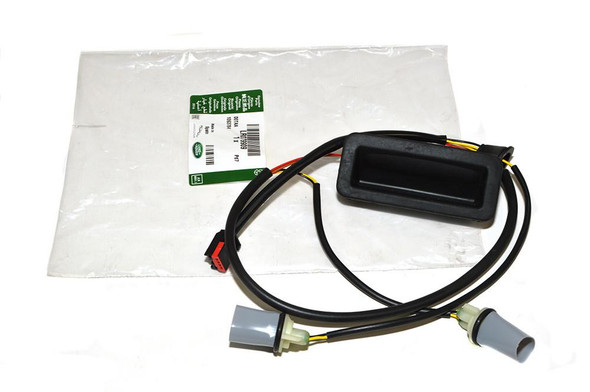 Genuine Land Rover Rear Upper Tailgate Release Handle Switch for Freelander 2, automotive part with wiring harness and switch in black plastic housing.