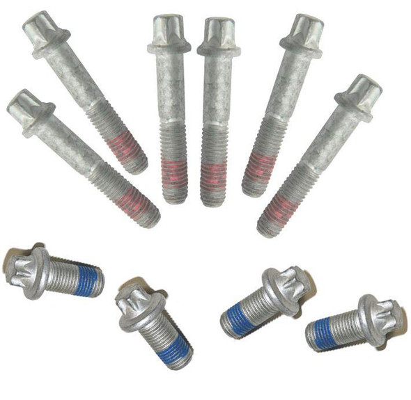 OEM Parts Rear Propshaft Bolt Fixing Kit for Range Rover Sport, including six silver bolts with red markings and four bolts with blue markings for vehicle assembly.